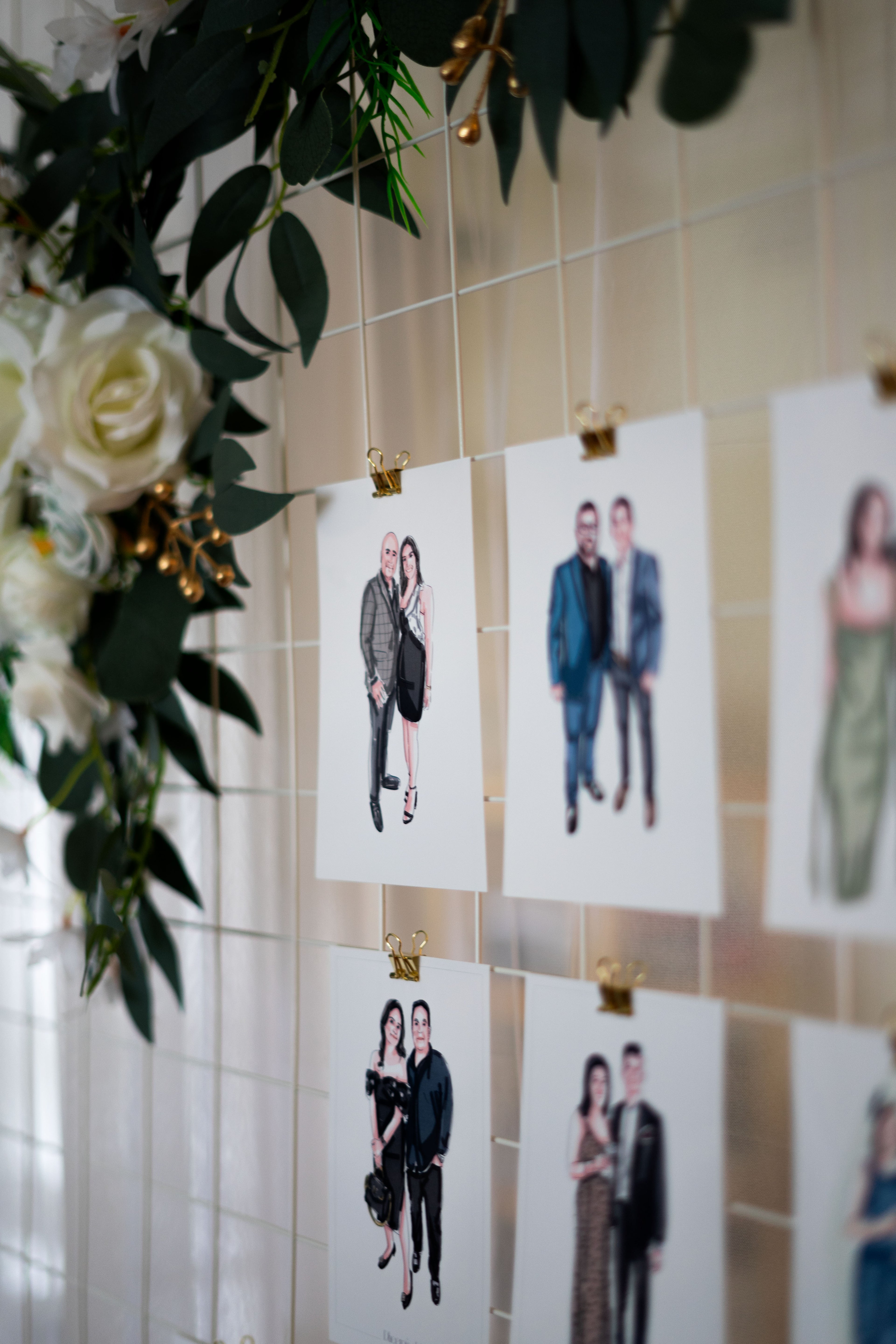 Live guest couple illustration display on wire wall